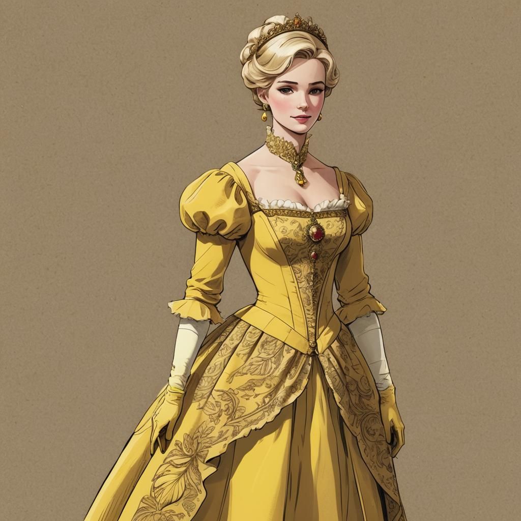 Fashion Sketch: Blonde Woman in Yellow Regency Gown