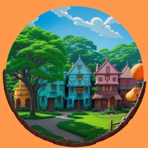 Colorful Whimsical Village Inspired by Miyazaki, Fantasy Art