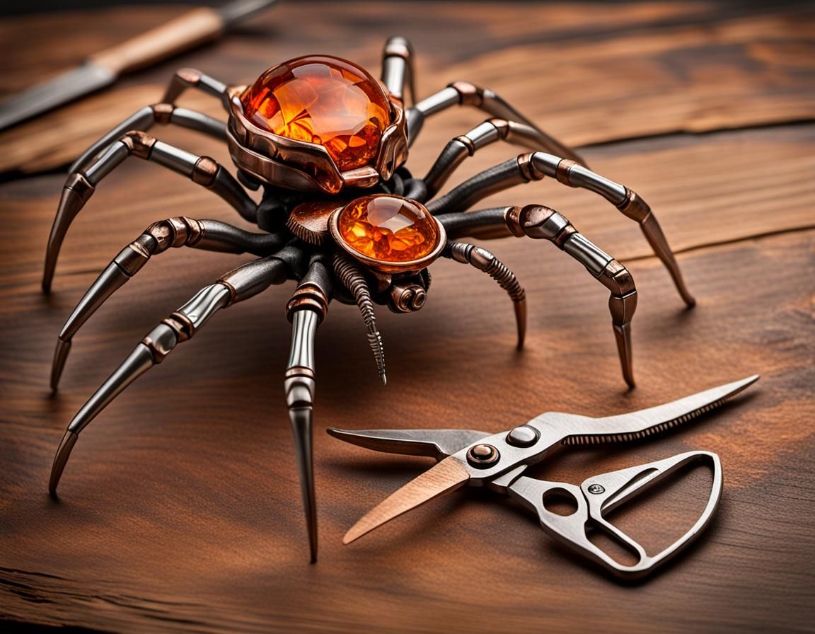 Burnished Copper Mecha-Spider with Fire Opal