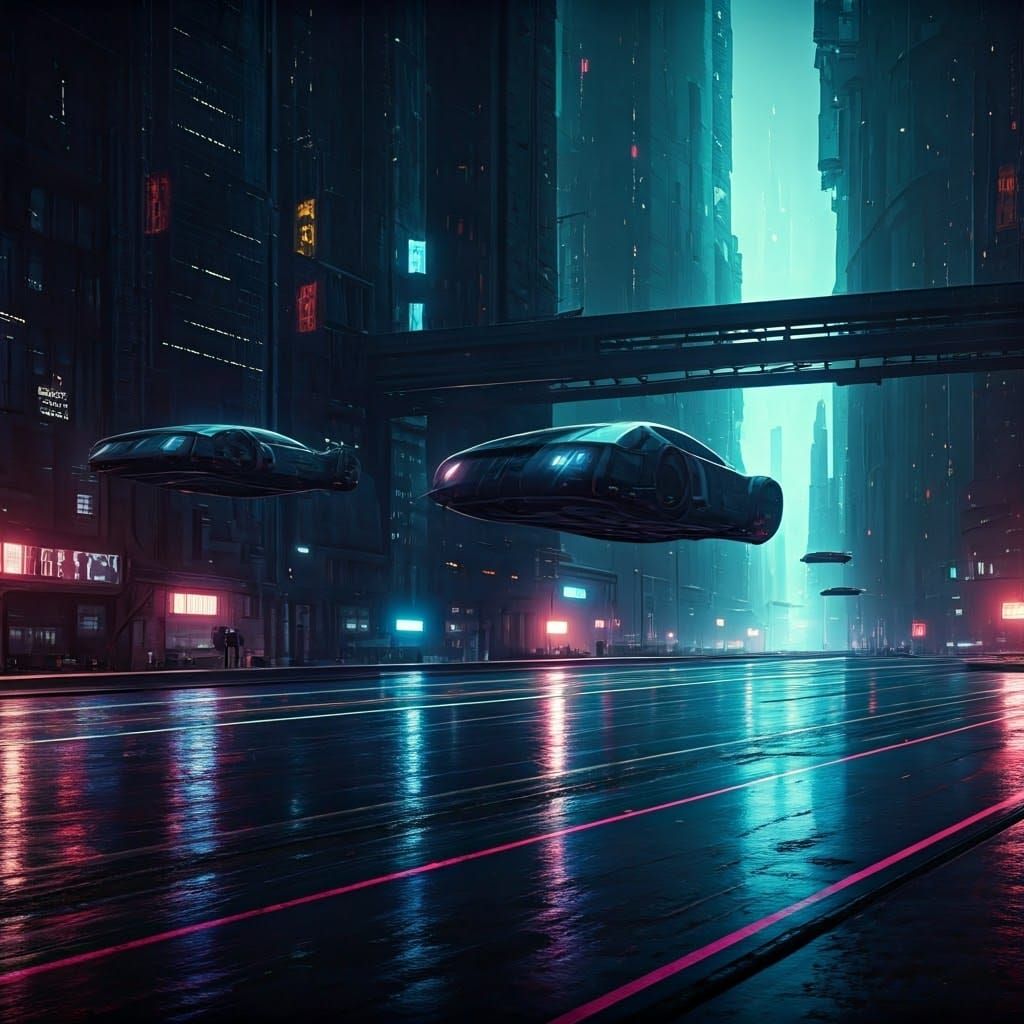 Futuristic Cityscape with Flying Cars at Night