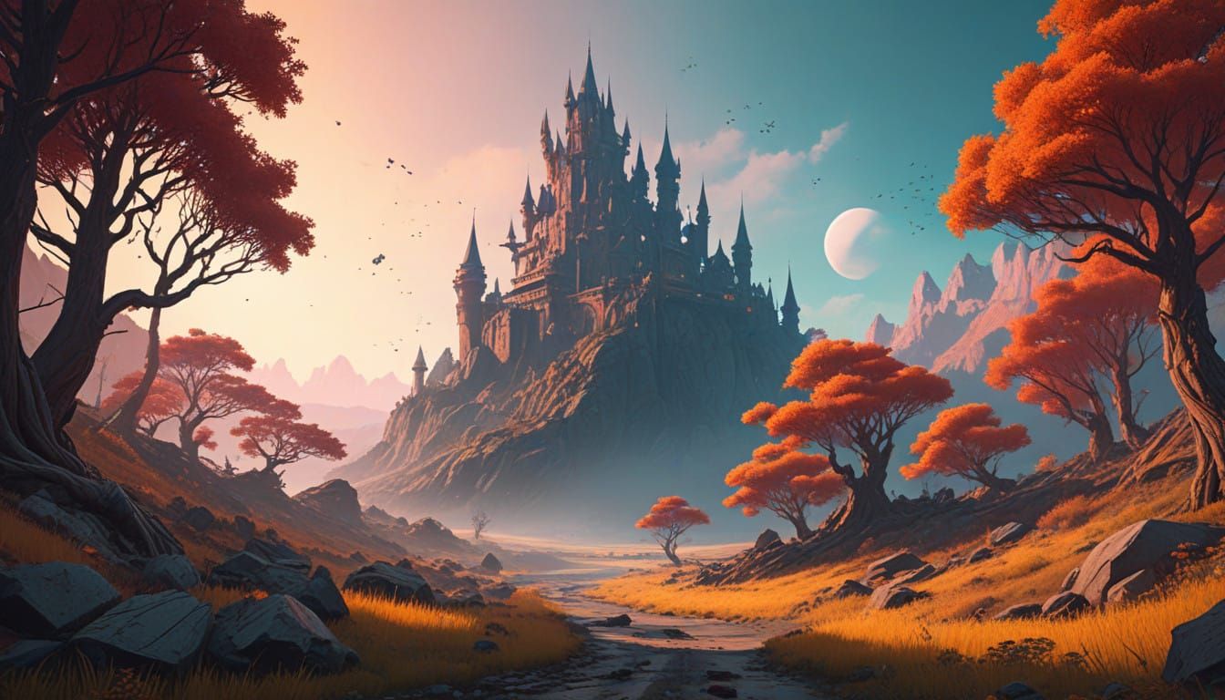 Enchanting Dreamworld Landscape in Cyberpunk Aesthetic