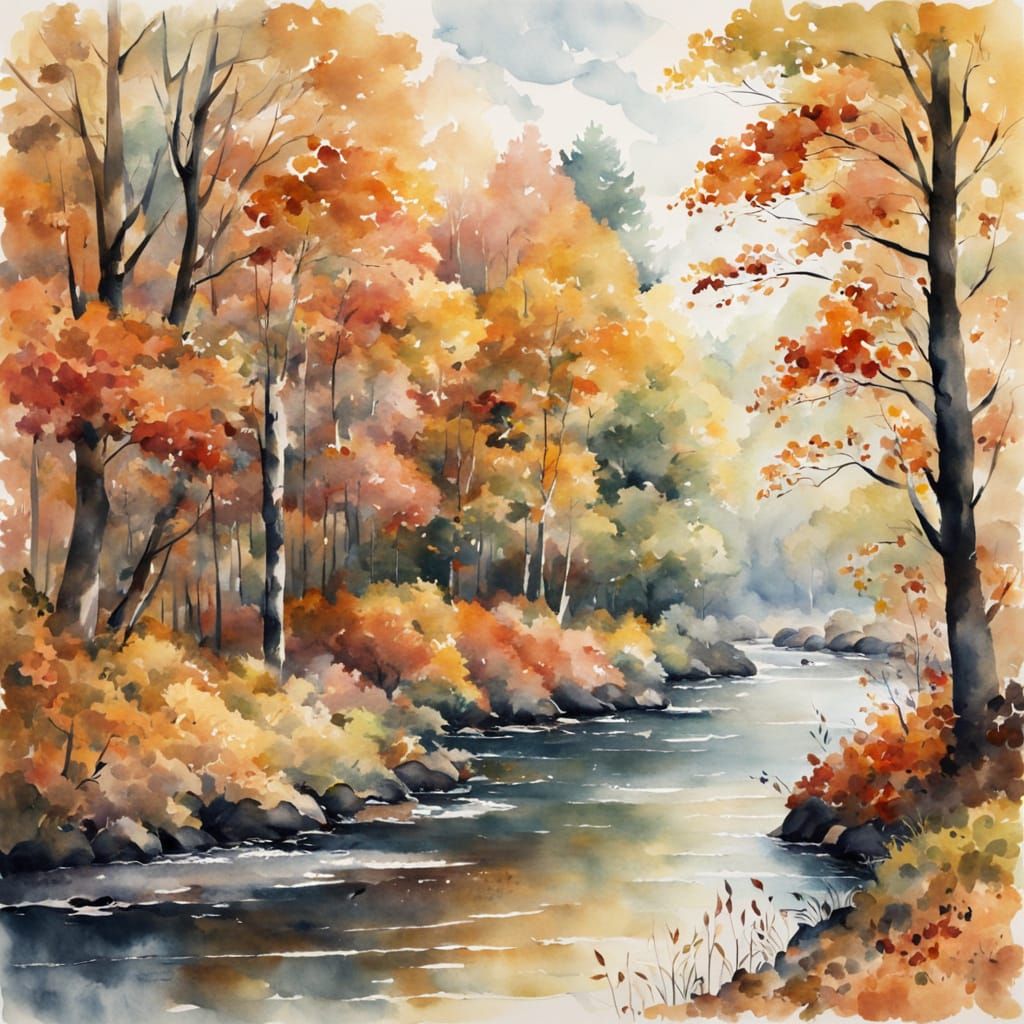 Tranquil Autumn River Wood Watercolor Painting