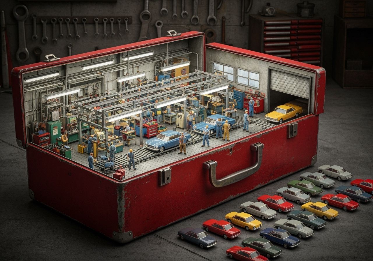 Miniature Car Factory Inside Toolbox, Detailed Diorama