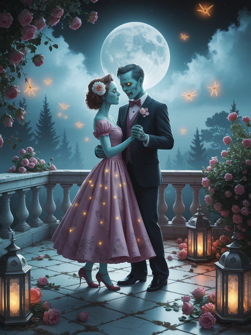 Dreamy Zombie Prom Scene Under a Full Moon