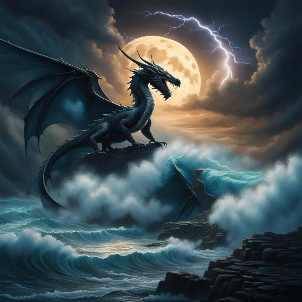 Dragon Perched on Cliff Under Stormy Moonlight