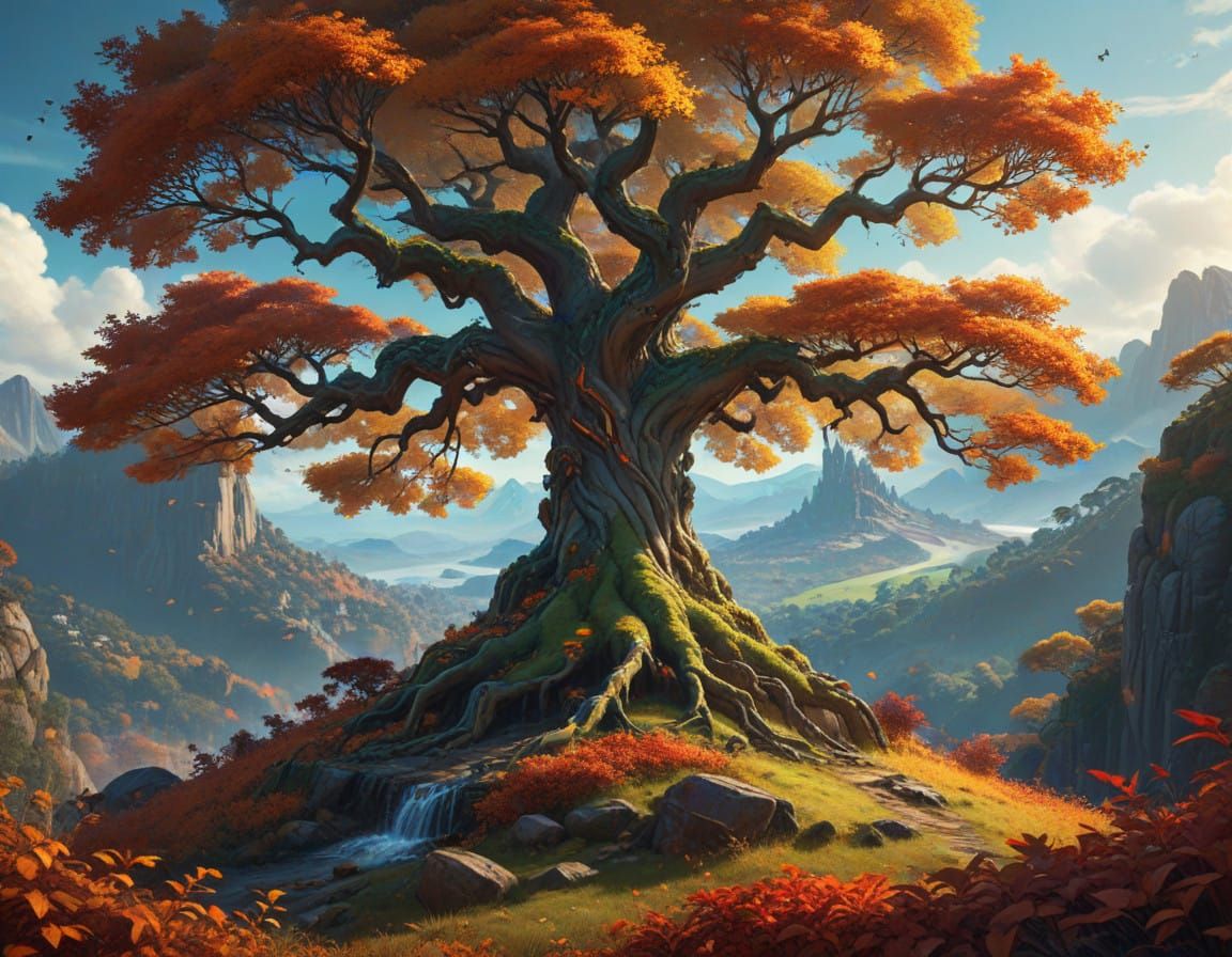Gnarled Tree Majestic on Lush Hillside in Whimsical Autumn S...