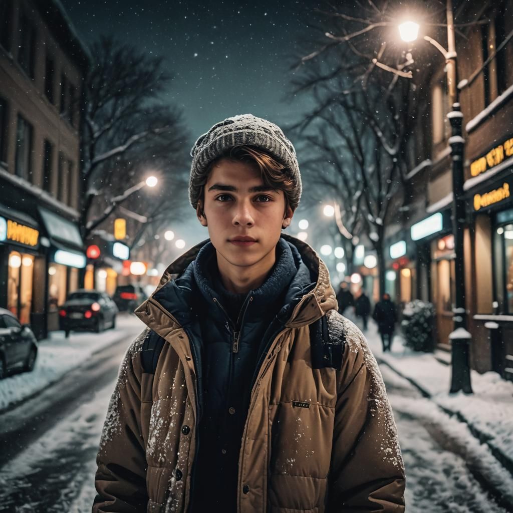 Hyperrealistic Teen in Winter Night Street Scene