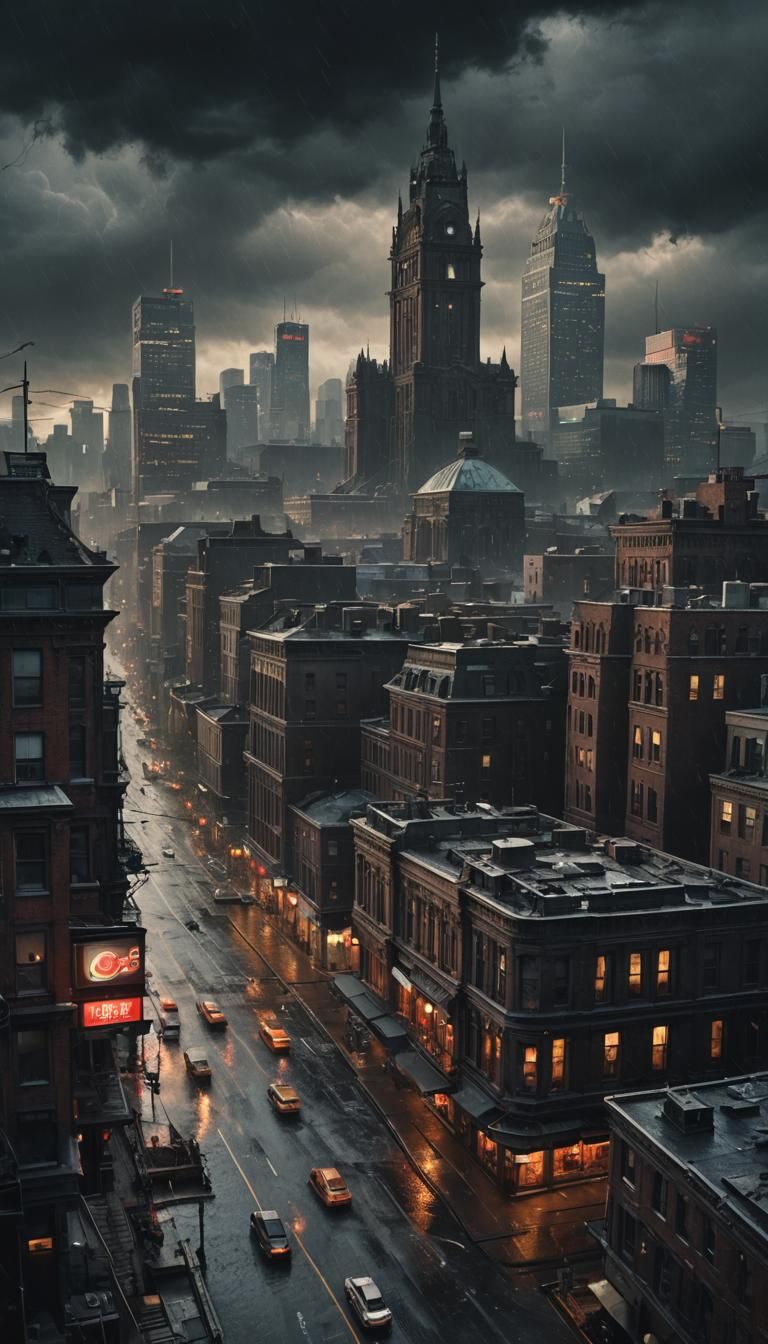 dark mood, evening, dark intensive colours, city, stormy, ap...