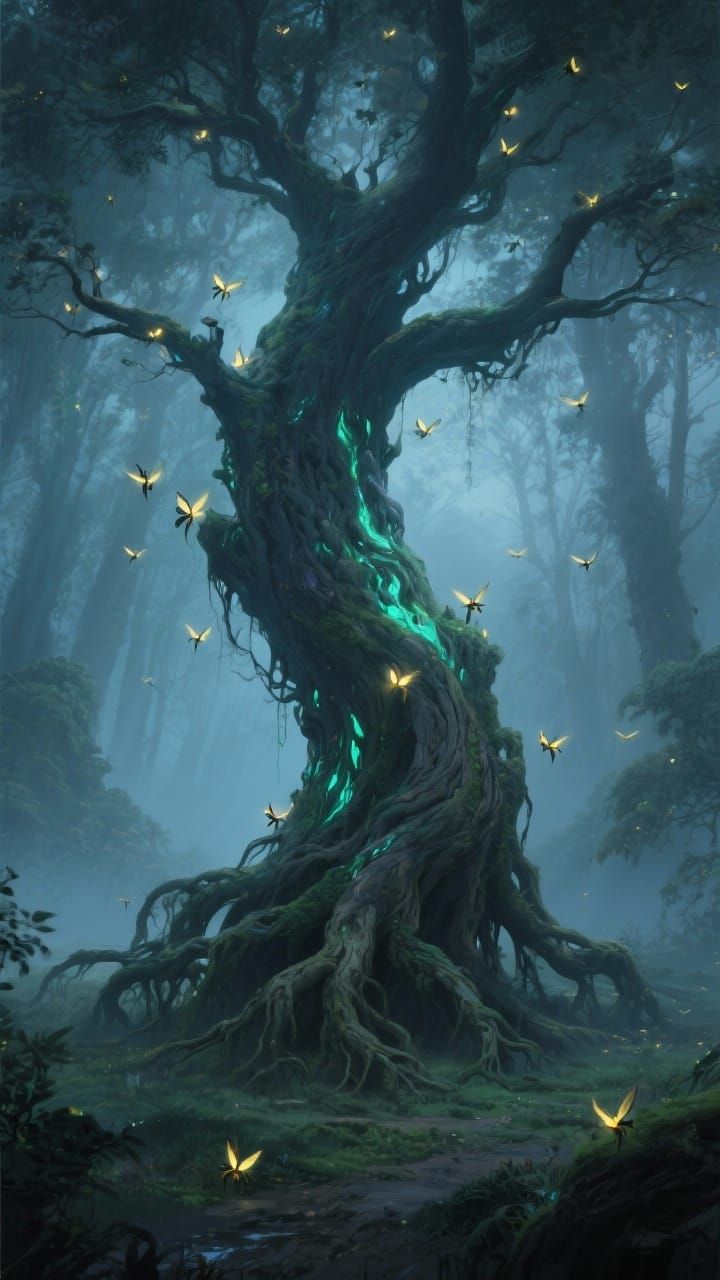 Majestic Ancient Tree with Bioluminescent Bark in Misty Fore...