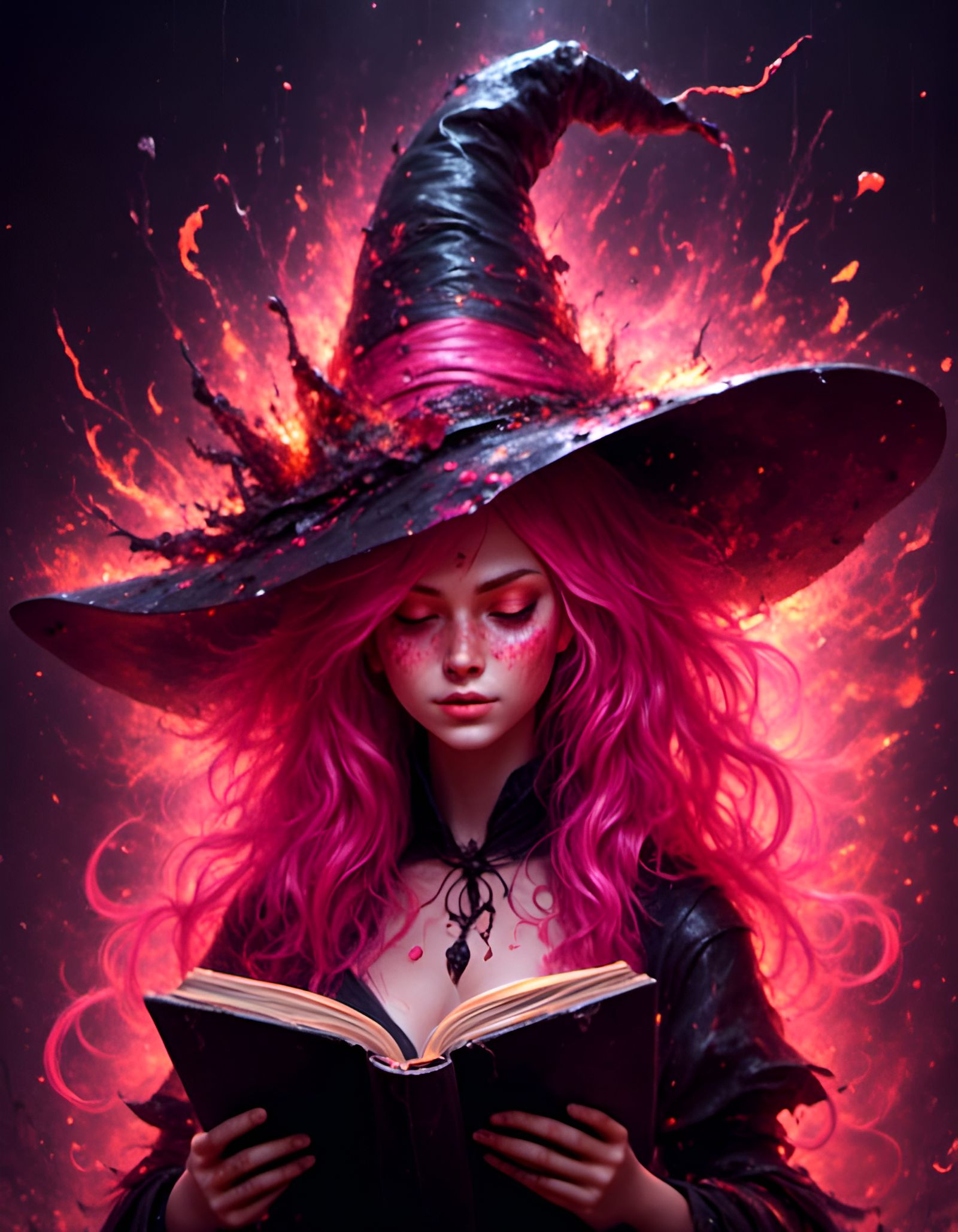 Fiery Witch Portrait with Flowing Magic, Oil Painting