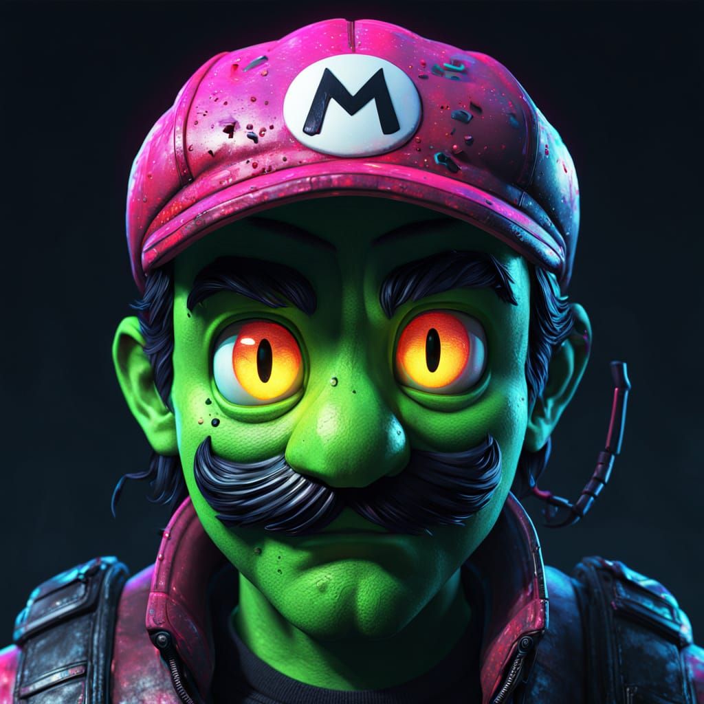 Surreal Mario Portrait in Neon Horror Style