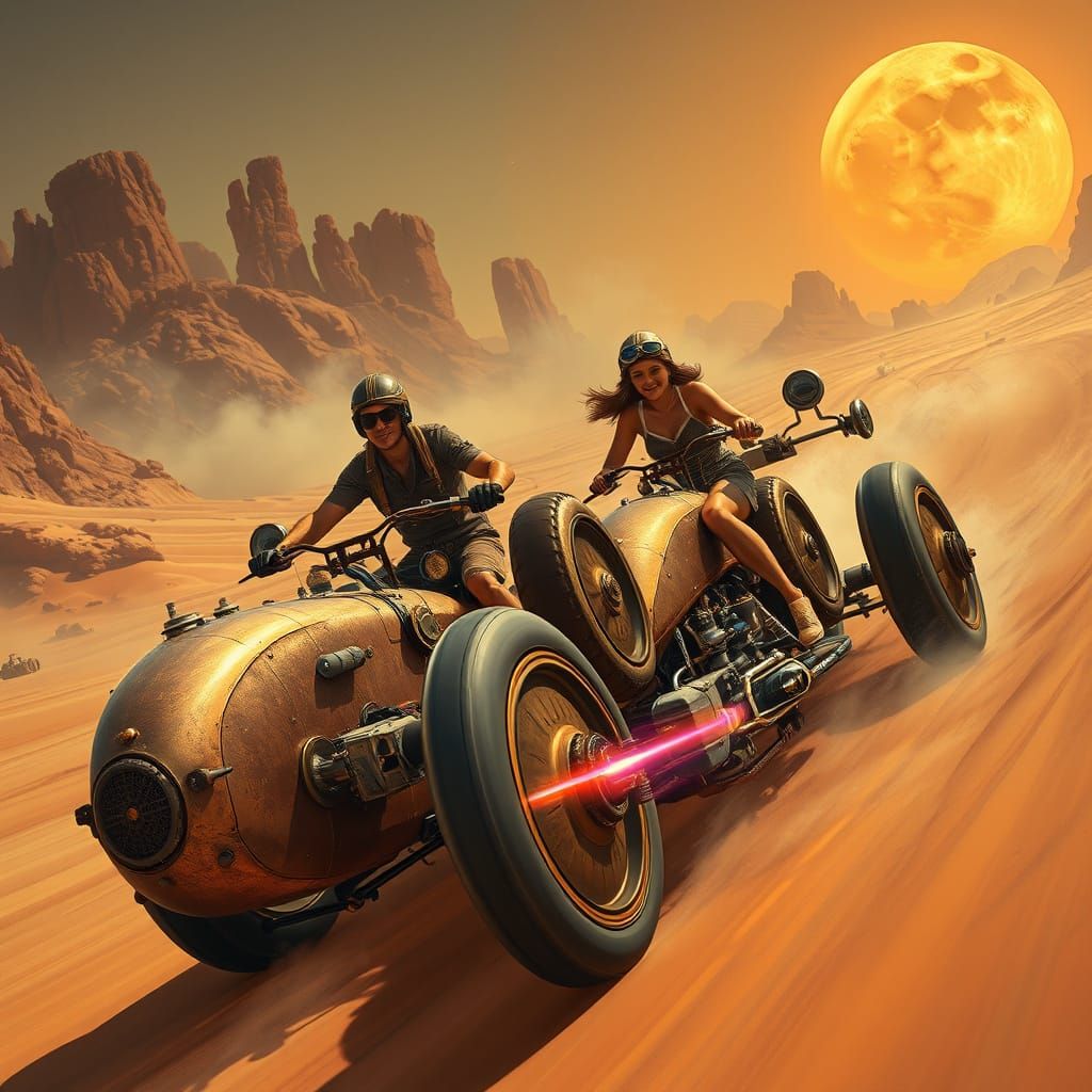 Dieselpunk Trike Race Under Orange Moon in Solargrafik Style