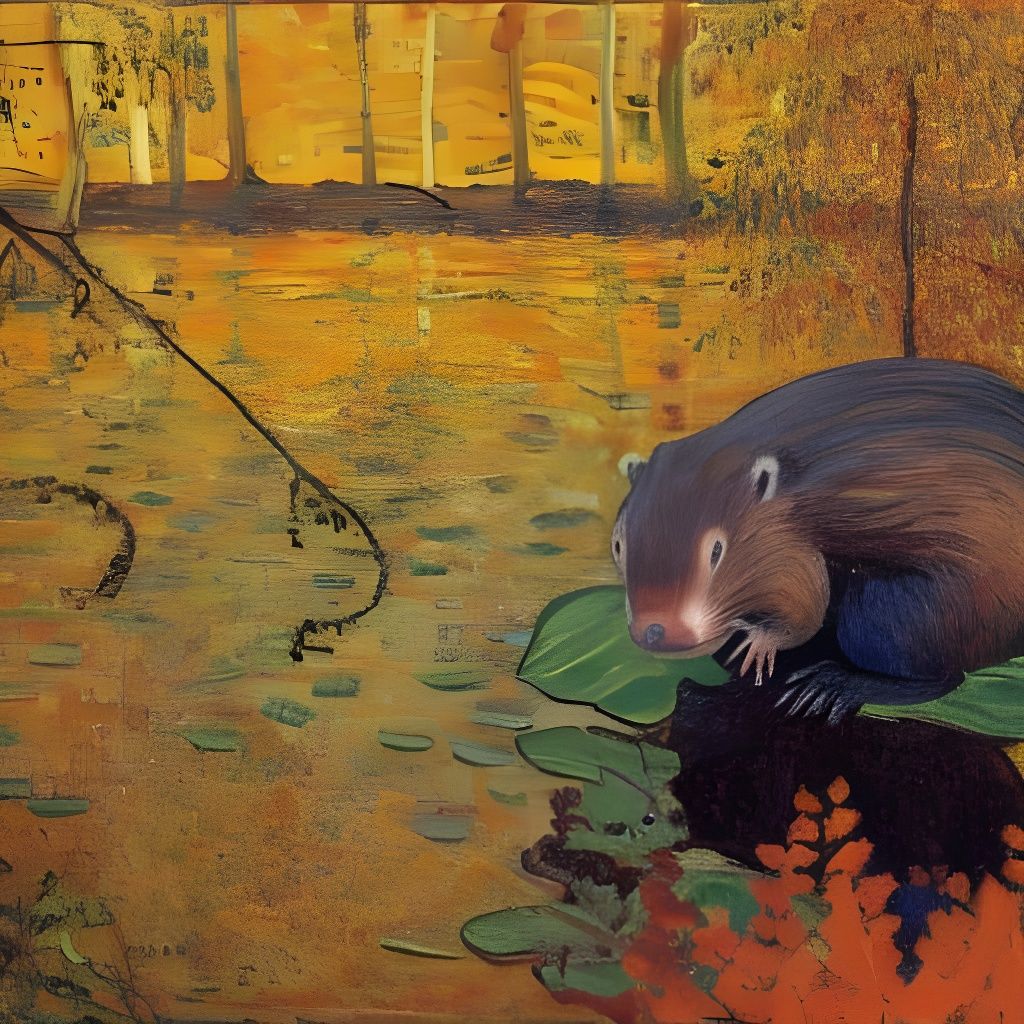 Beaver in Autumn Swamp, Post-Impressionist Painting