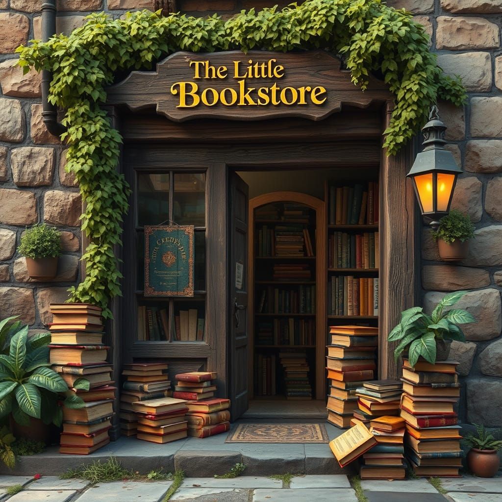 Whimsical Bookstore with Worn Door and Golden Sign
