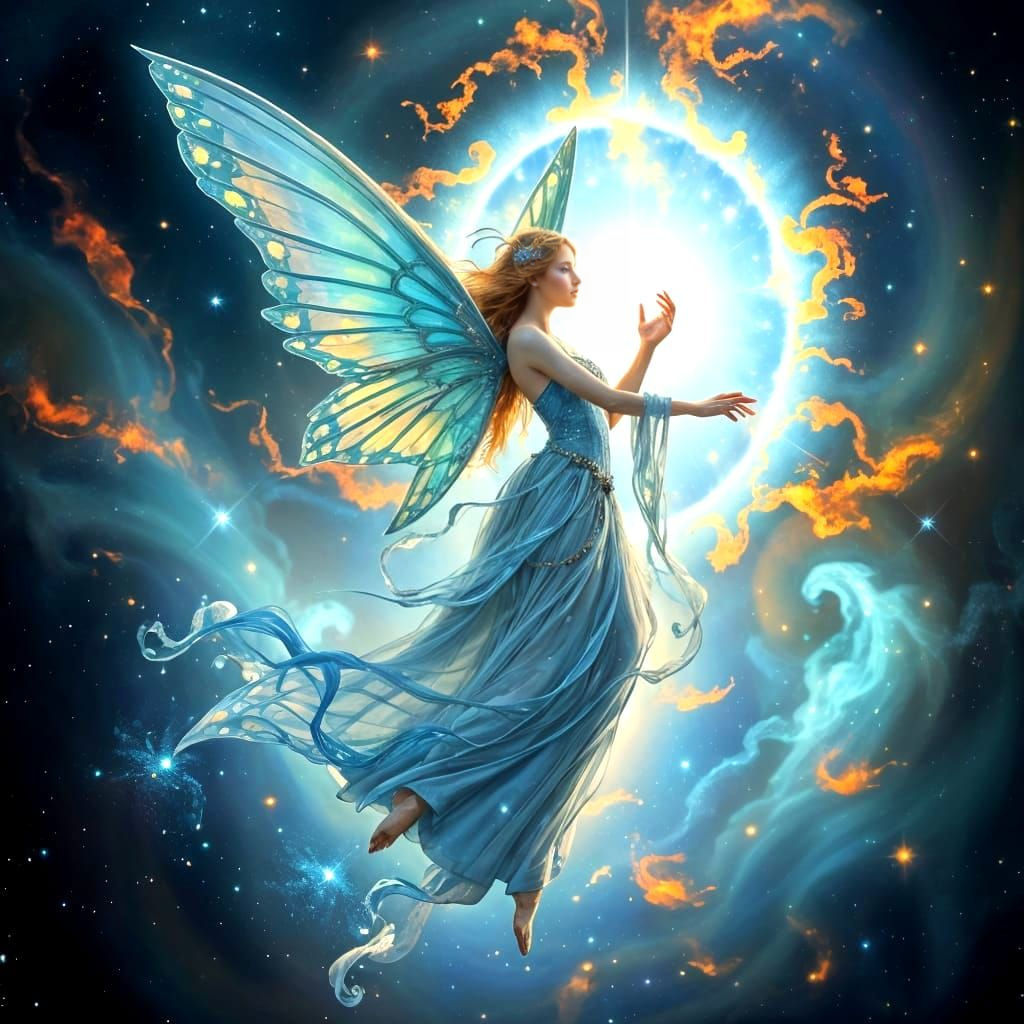 Ethereal Cosmic Faerie Emerges from Nebula Portal