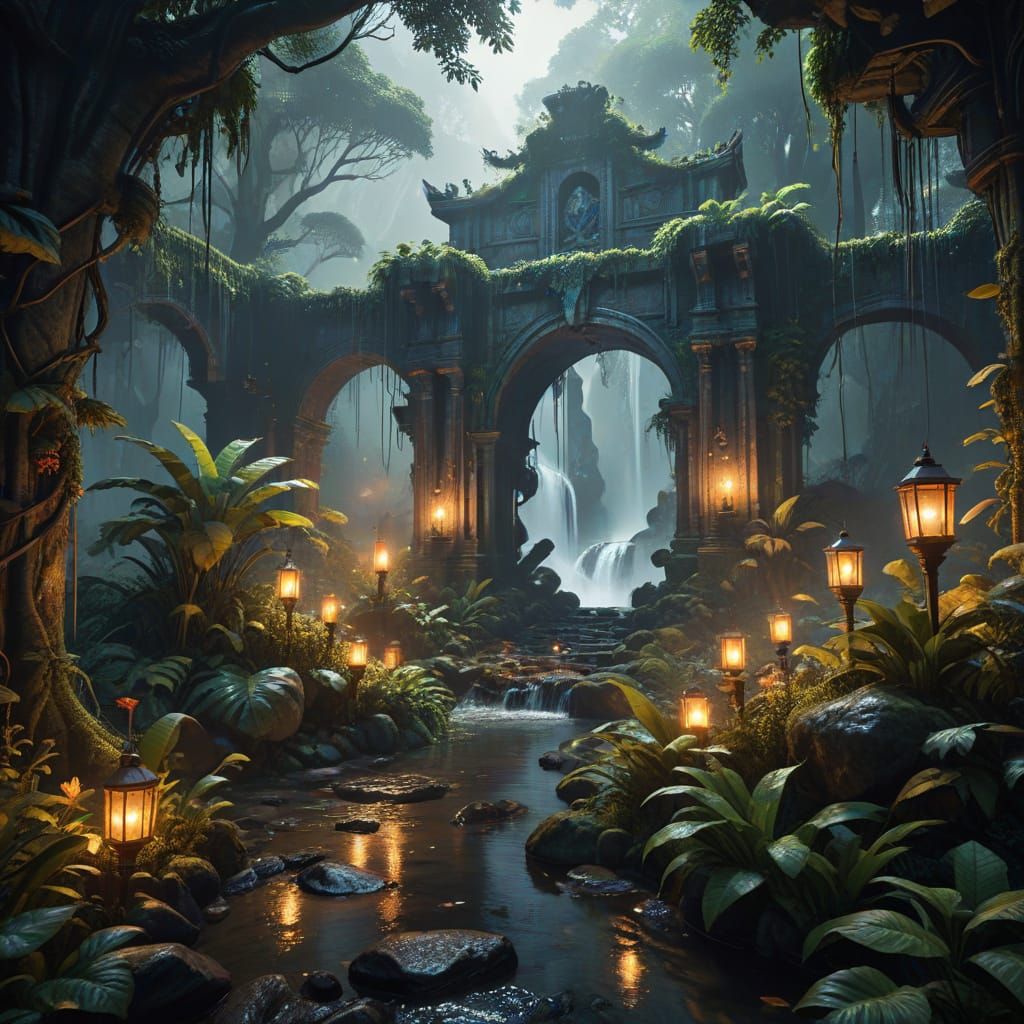 Ethereal Rainforest Oasis with Cascading Waterfall in Vibran...