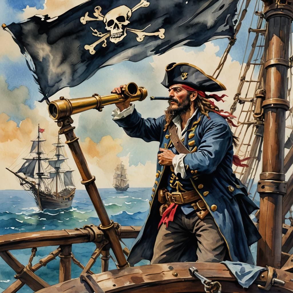 Pirate looking out through a telescope from the crows nest with the pirate flag flapping in view. in Gouache Style, Wate...