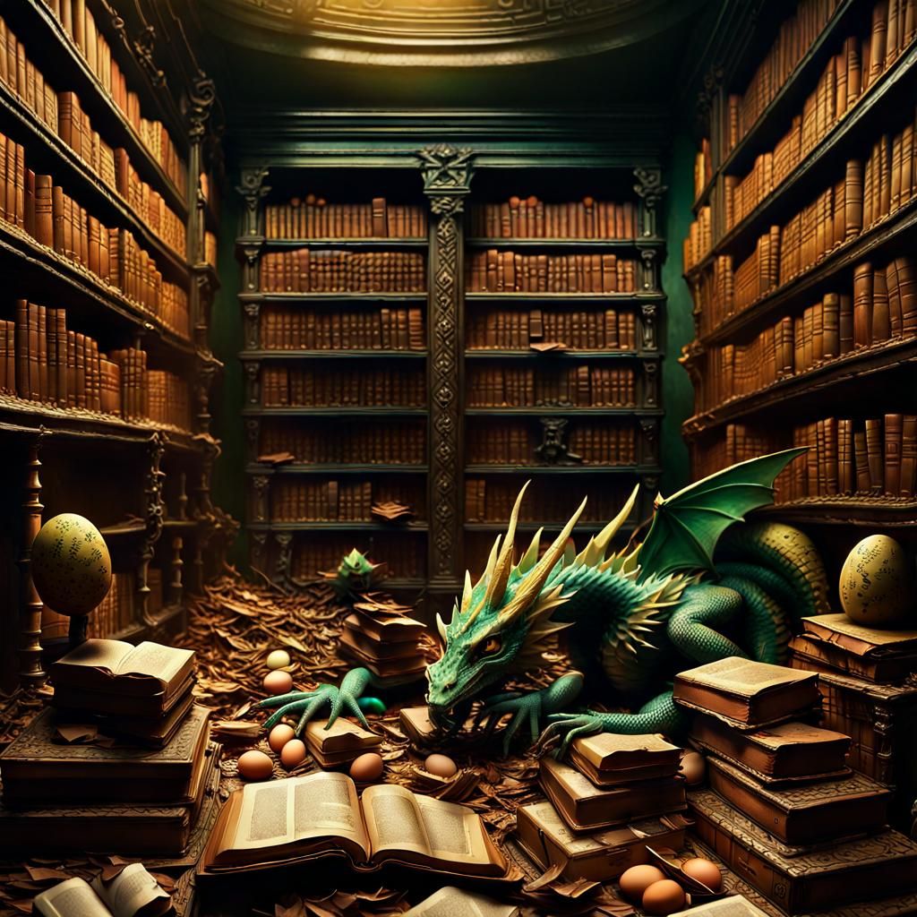 Dragon Hatchlings in Ancient Library, Fantasy Art