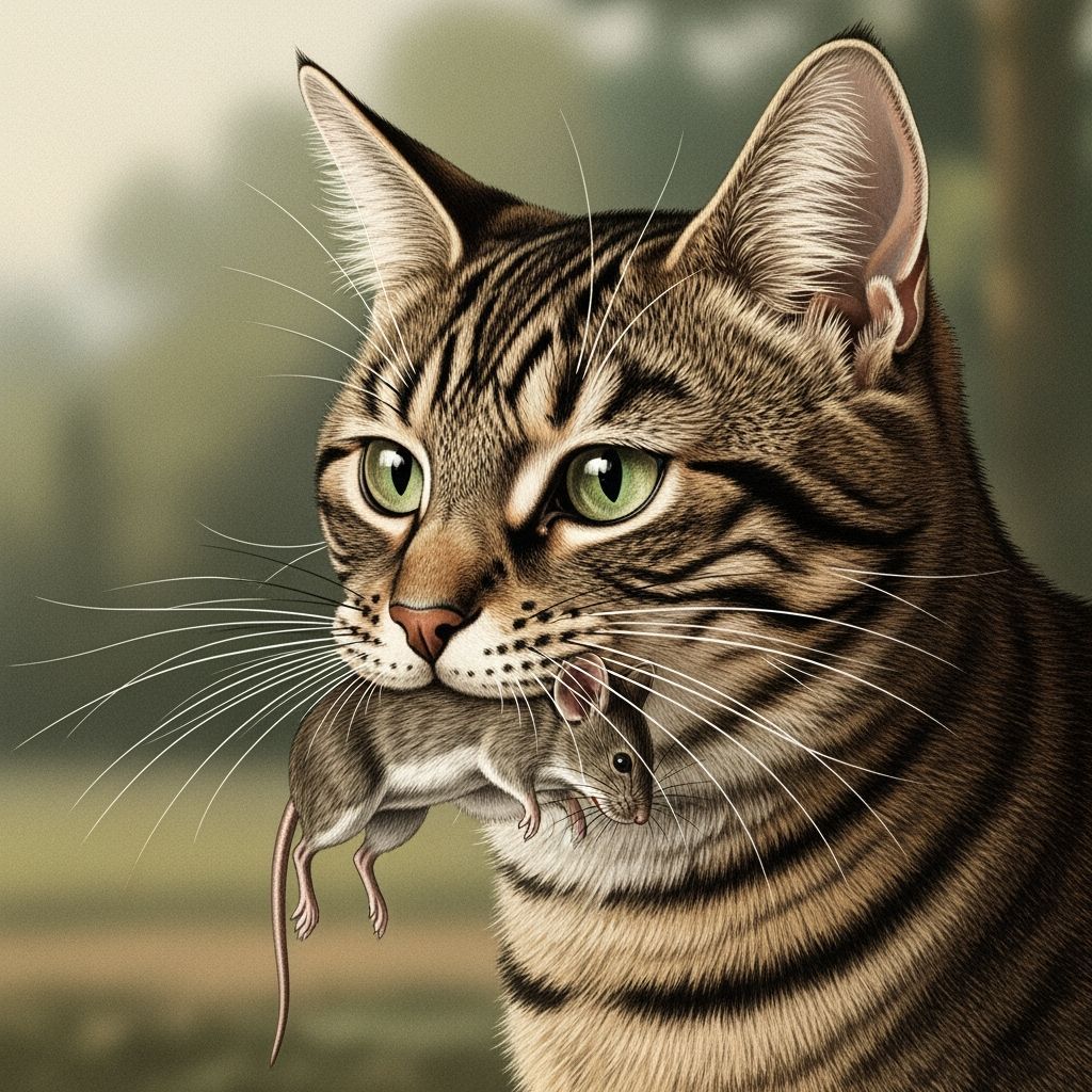 Tabby Cat with Mouse, Wildlife Illustration