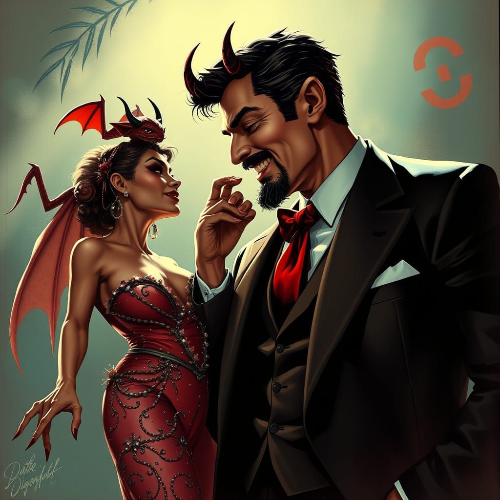 Film Noir Preacher with Showgirl and Devil