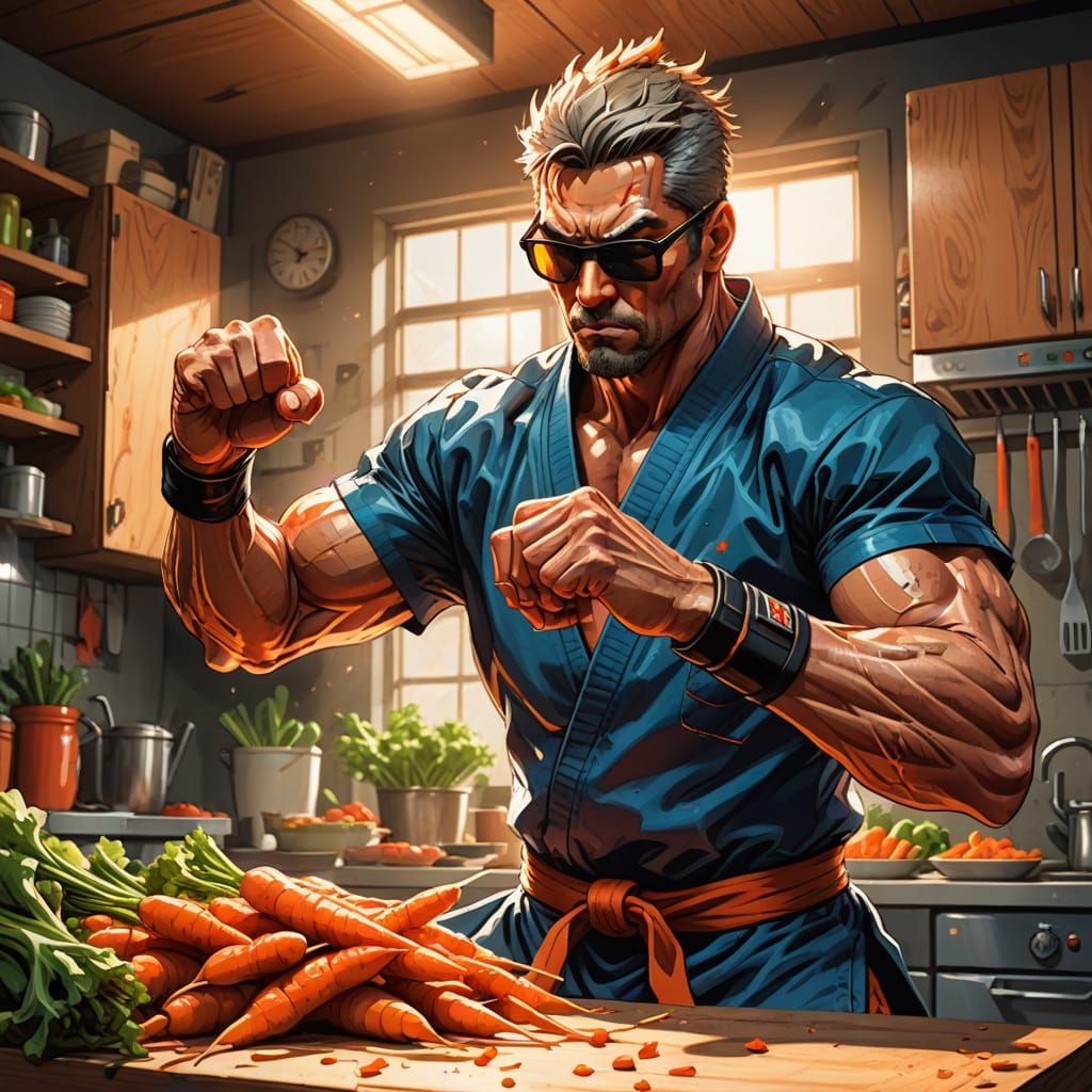 Karate Master's Carrot Chop in Comic Book Style