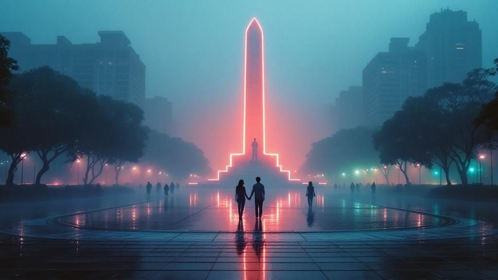 Lapangan Banteng Park at Twilight in Neon