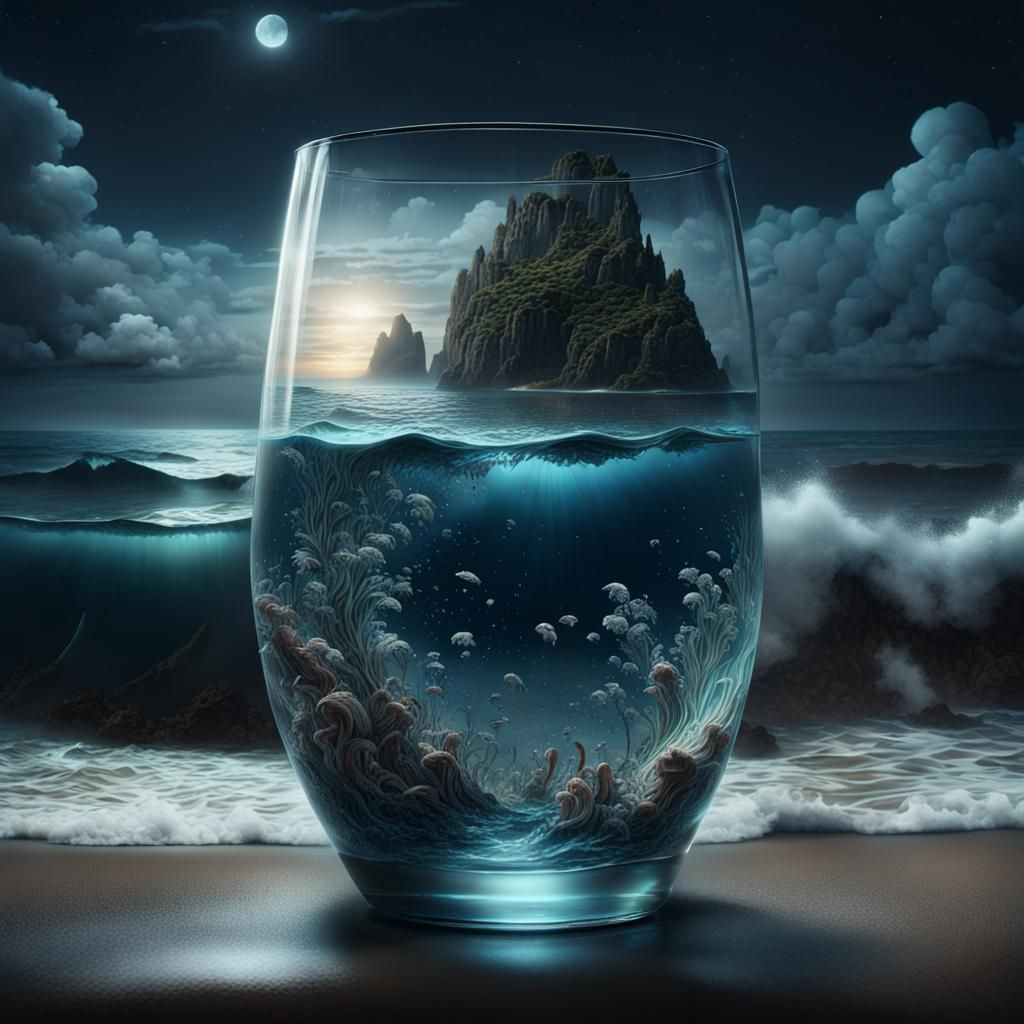 The ocean in a glass at midnight