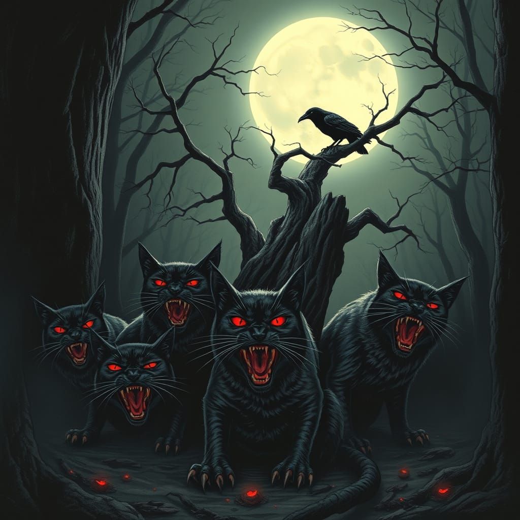 Feral Cats Gather Under Full Moon in Dark Forest, Raven Watc...