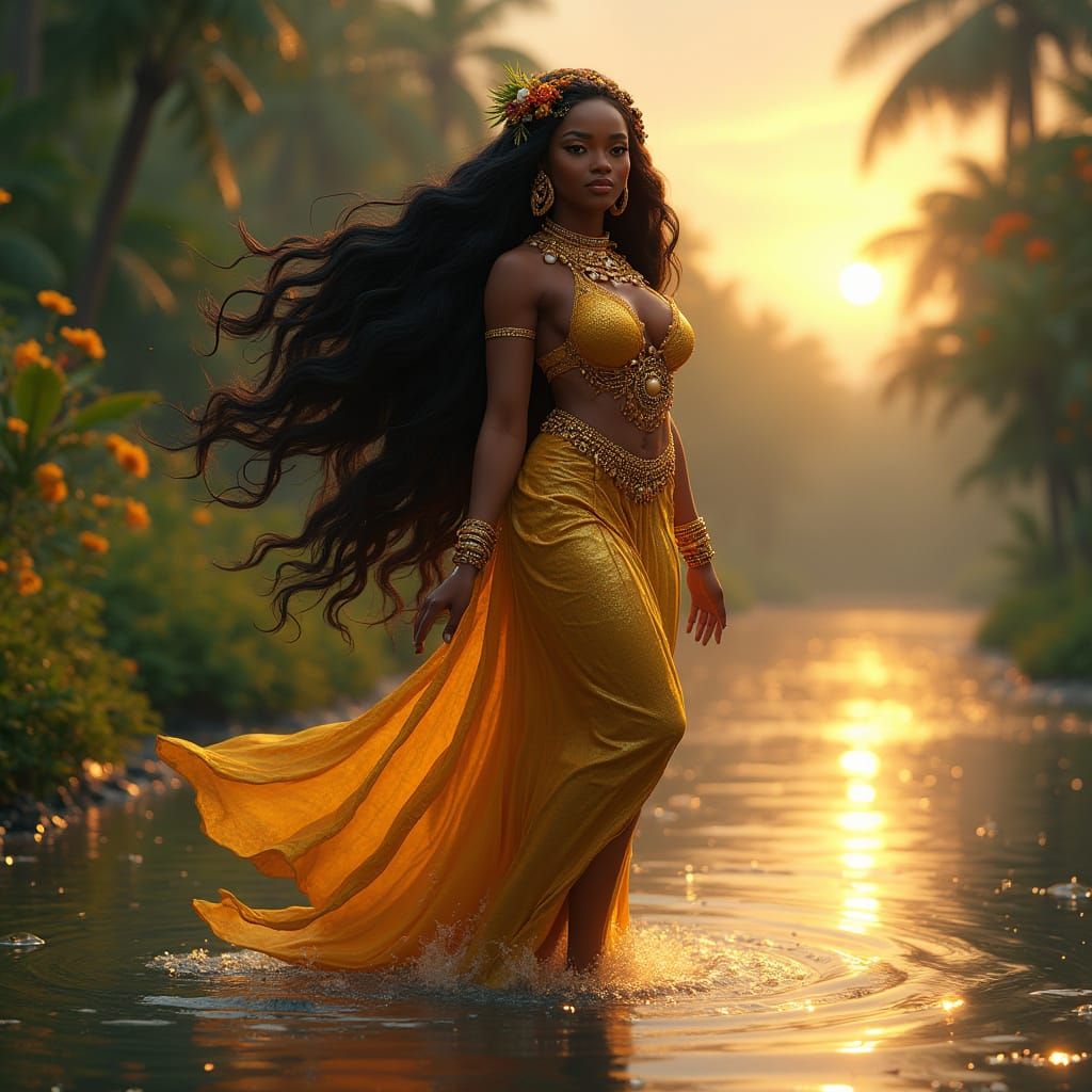 Sultry West African Goddess Emerges from Serene River in Gol...