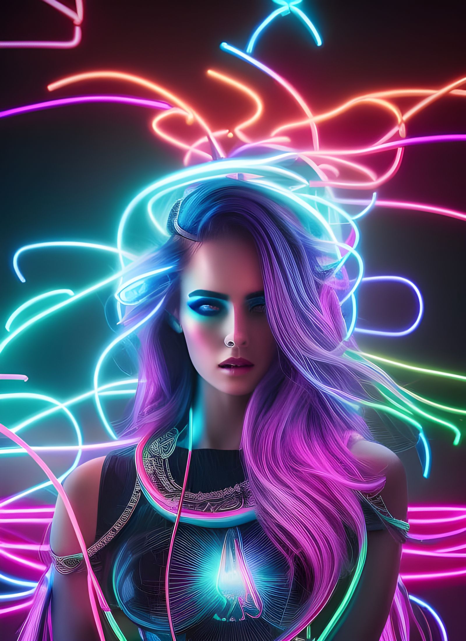 Neon Cyberpunk Goddess with Flowing Hair