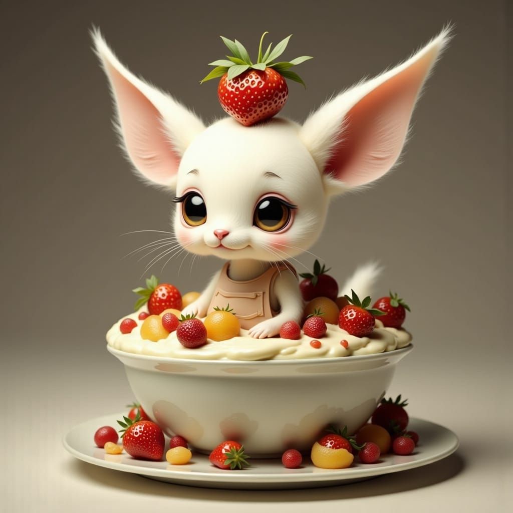 Adorable Creature in Fruit Salad, Storybook Illustration