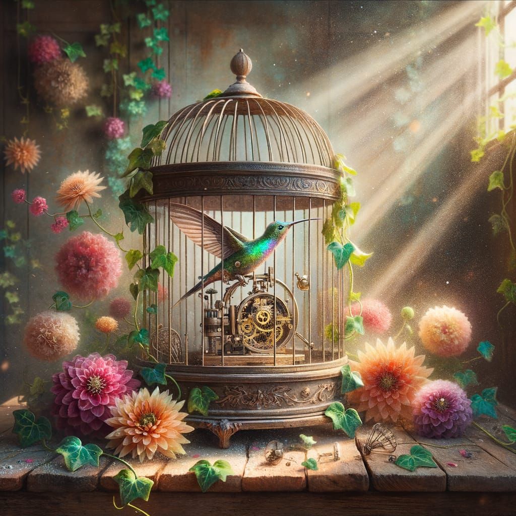 Victorian Birdcage Overgrown with Exotic Flowers and Clockwo...