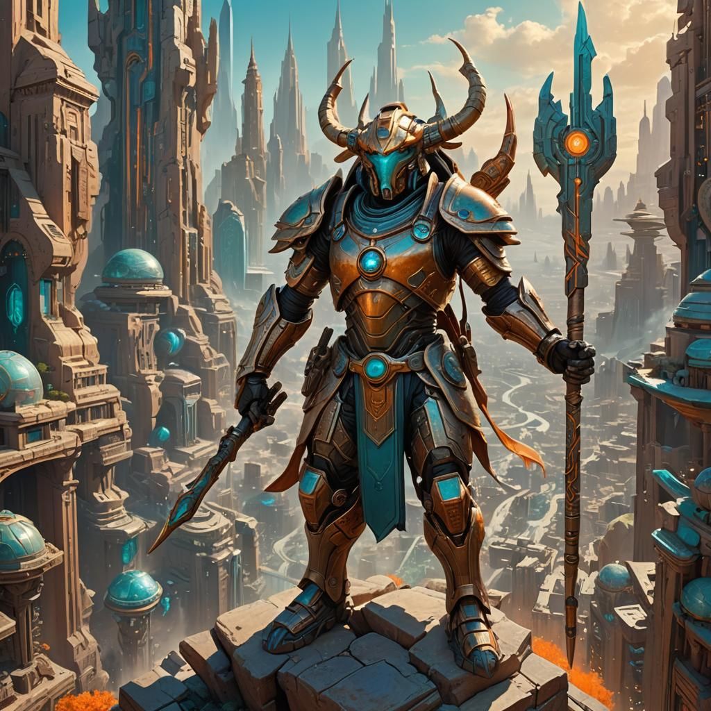 Tau'ri Warrior in Art Nouveau Alien Cityscape