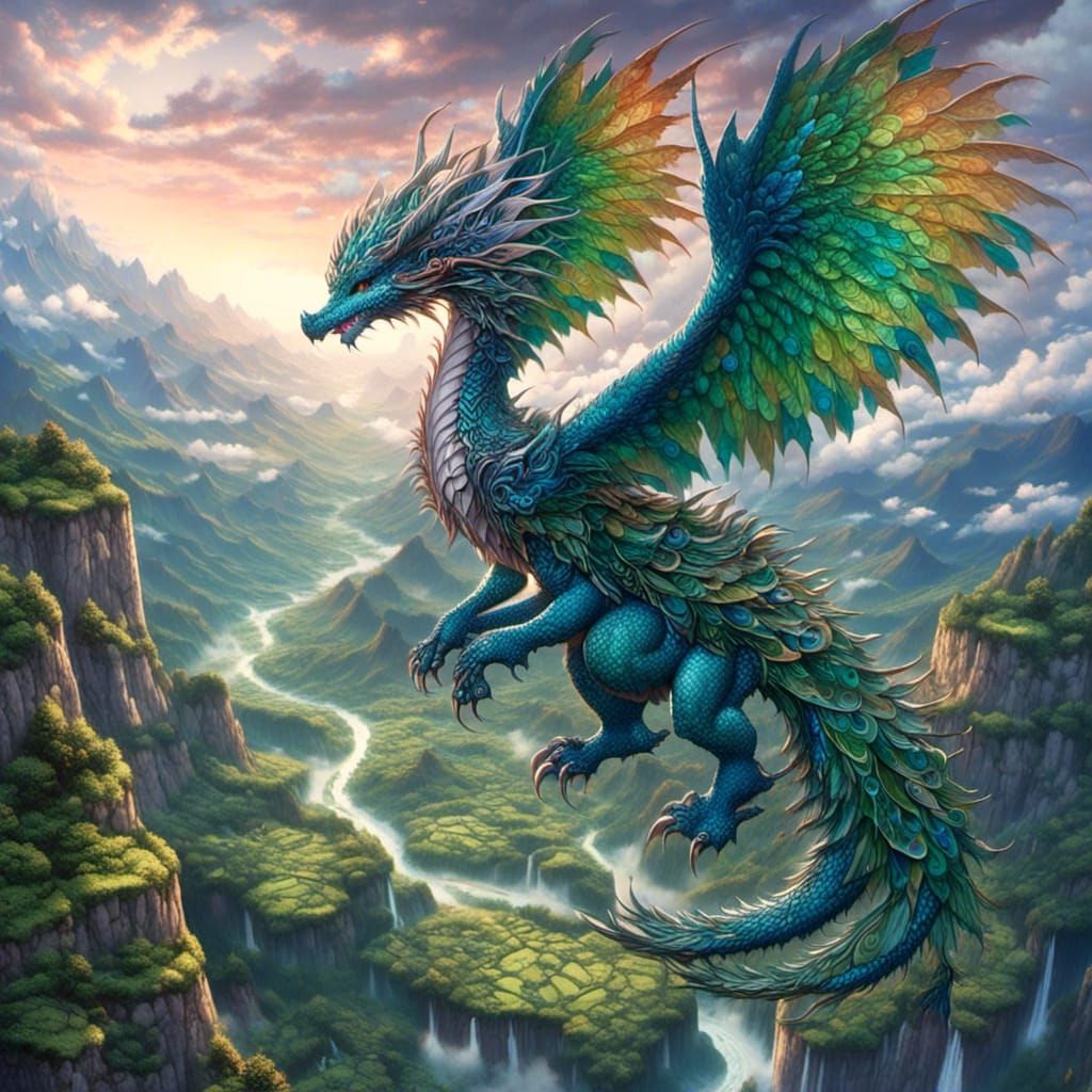 Fantasy Dragon in Peacock Colors Soaring