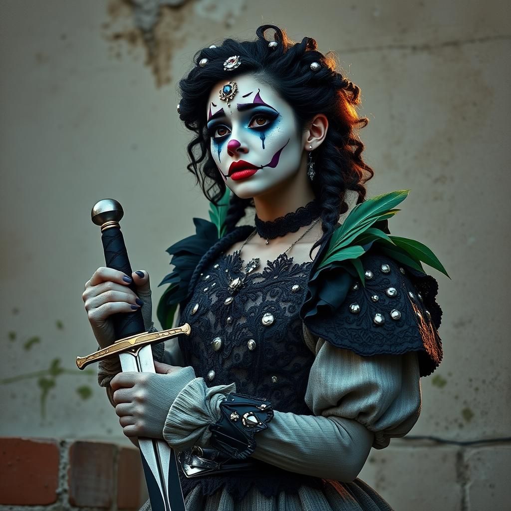 Clown in Victorian Armor with Medieval Sword