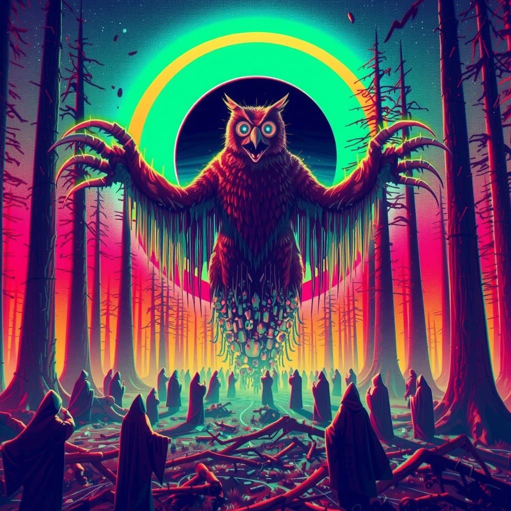 Mystical Cultists Worship Giant Owl Bear at Eclipse