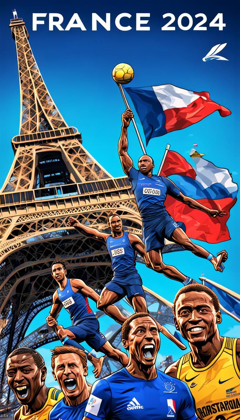 France 2024 Olympics Comic Poster with Eiffel Tower