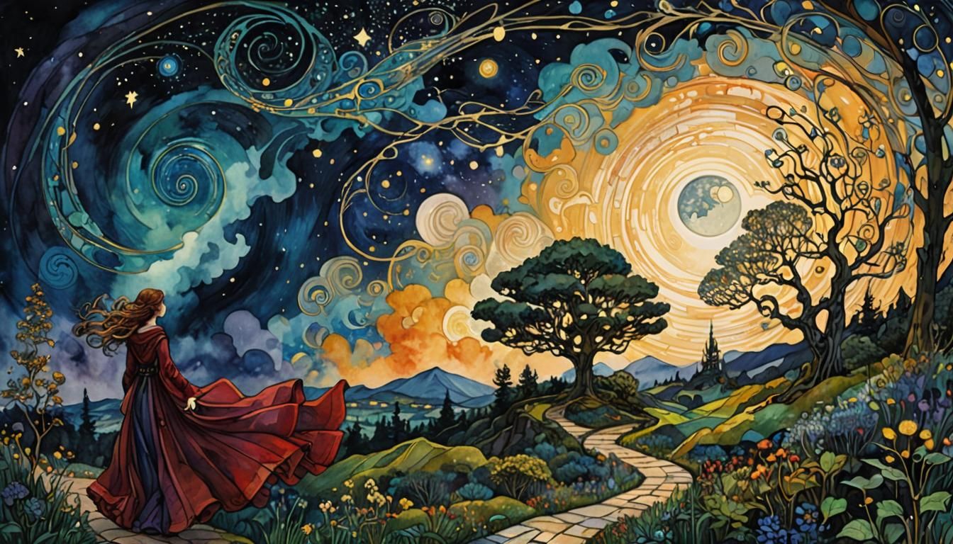 Fantasy Forest Garden Landscape with Swirling Clouds