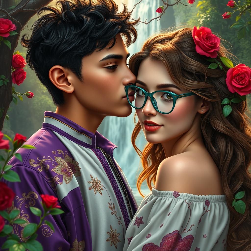 Passionate Embrace in Sunlit Forest, Matte Painting Style