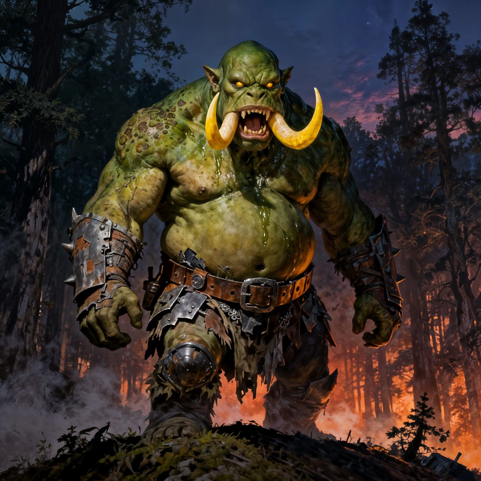 Ogre Hunter Glaring Down Forest at Twilight