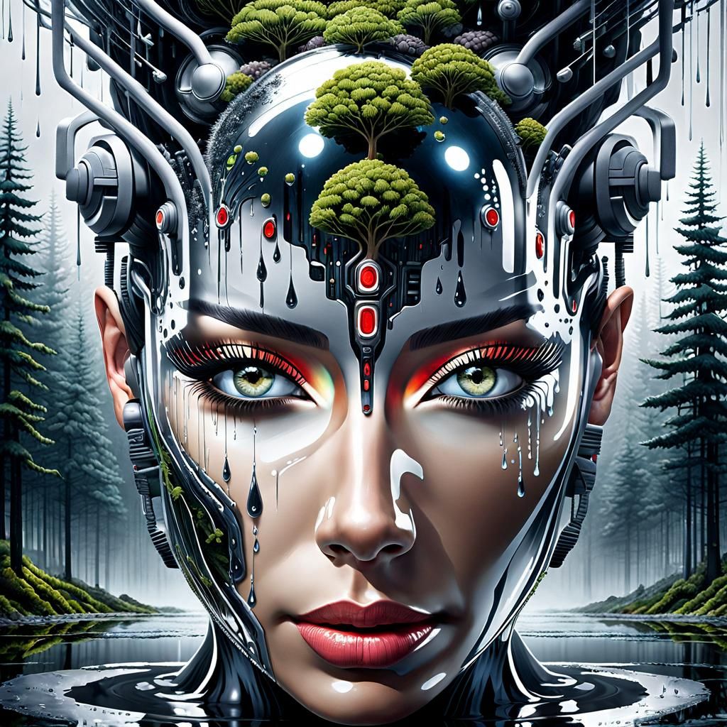 Cyborg Reflection in Dystopian Forest: Hyperrealistic Image