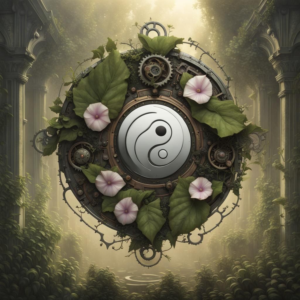 Steampunk Cybernetic Yin Yang with Flowers