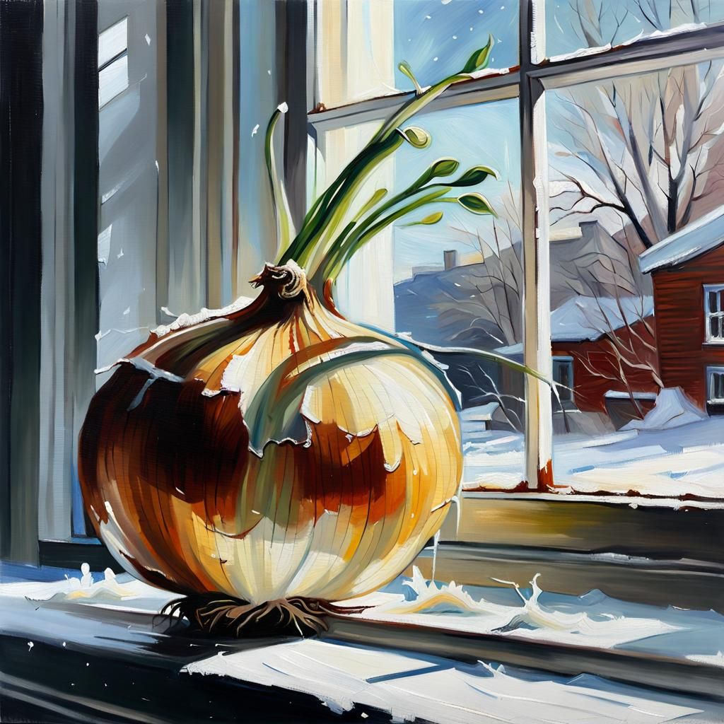 Sprouted Onion Still Life as Oil Painting
