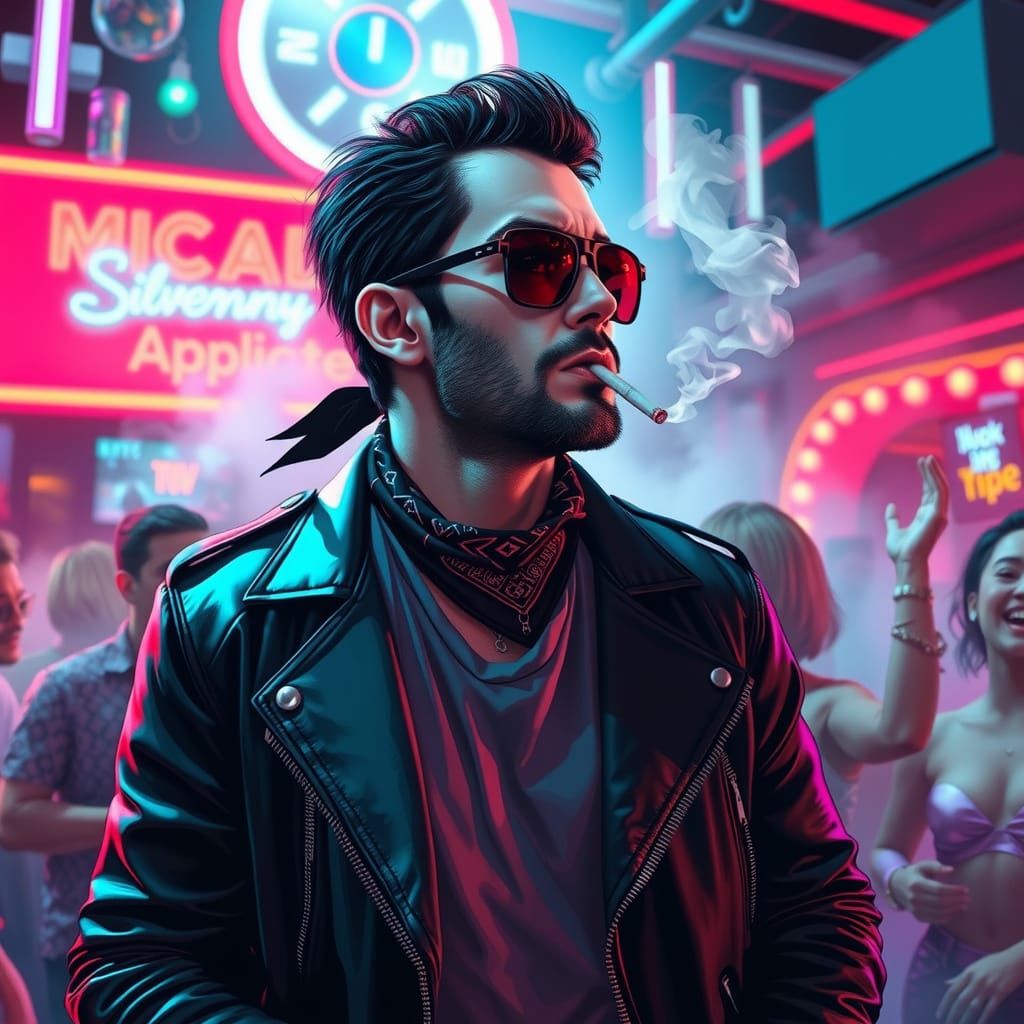 Image of Johnny Silverhand from Cyberpunk 2077 computer game, smoking a cig, in a night club.