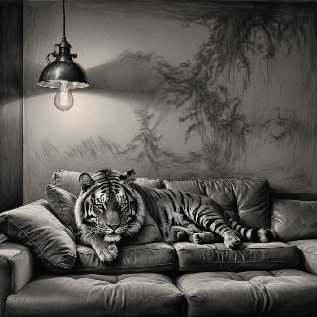 Hyperrealistic Tiger on Couch in Deep Color Style