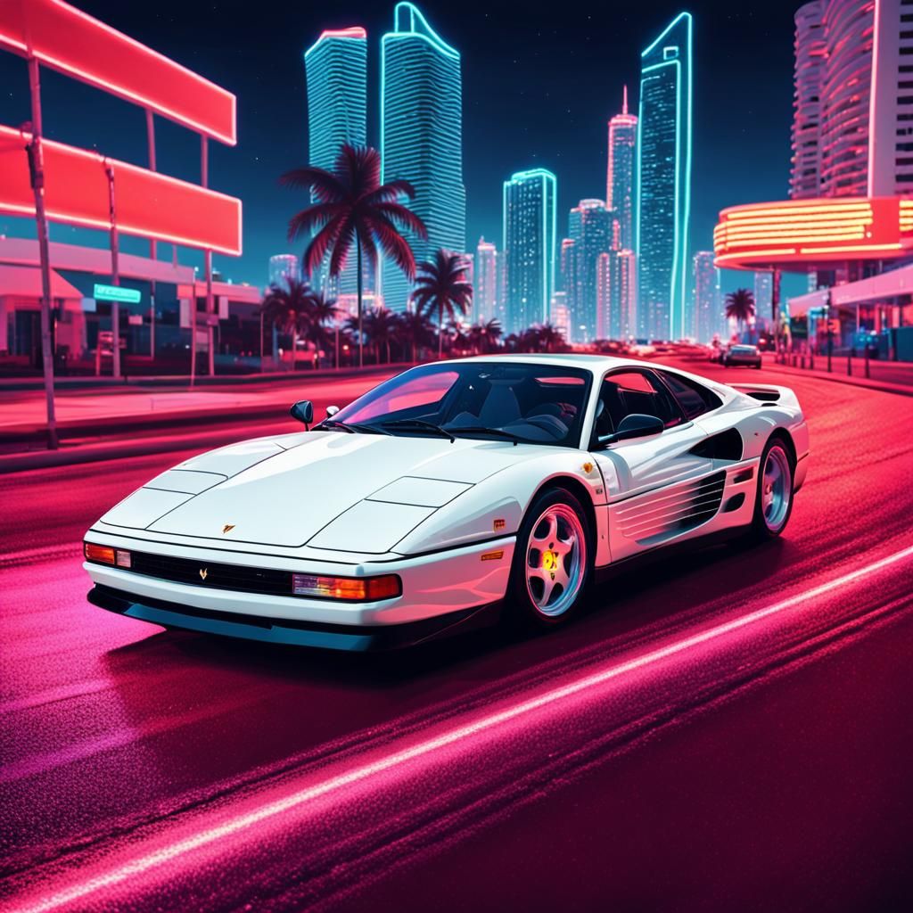 Ferrari Testarossa in a Neon Synthwave City