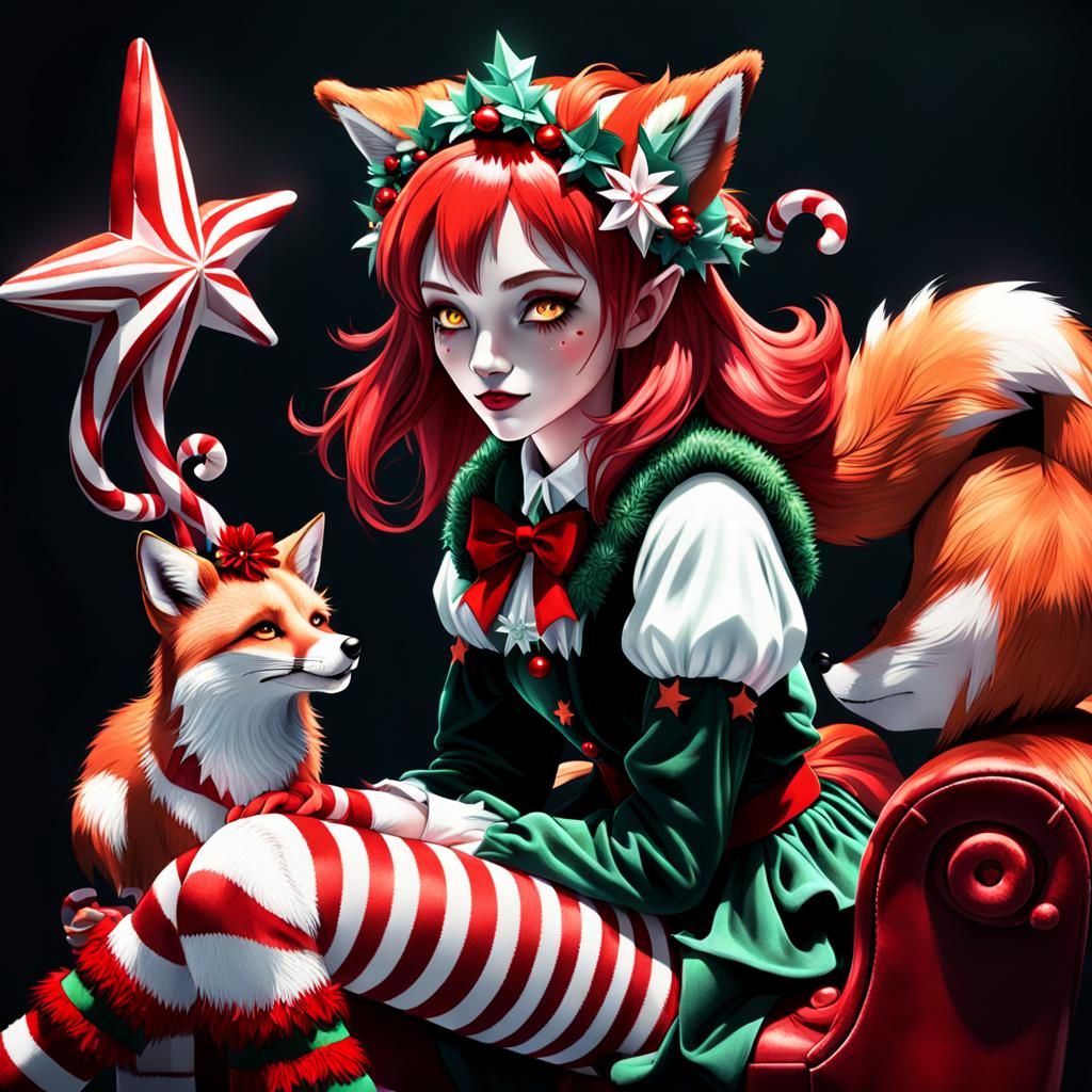 Dark Fantasy Anime Girl Embraces Vibrant Christmas Spirit