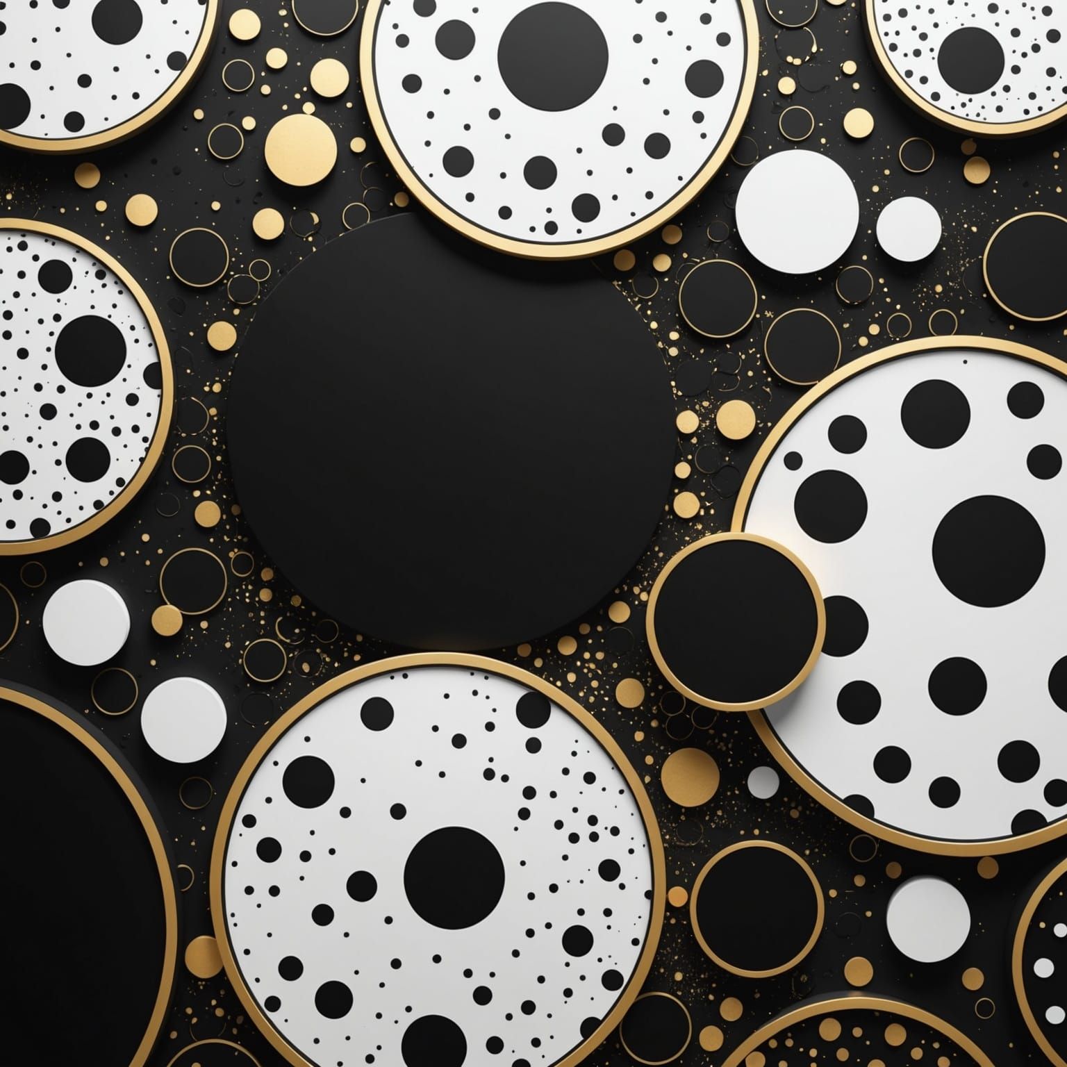 Abstract Black and White Circles with Gold Dots