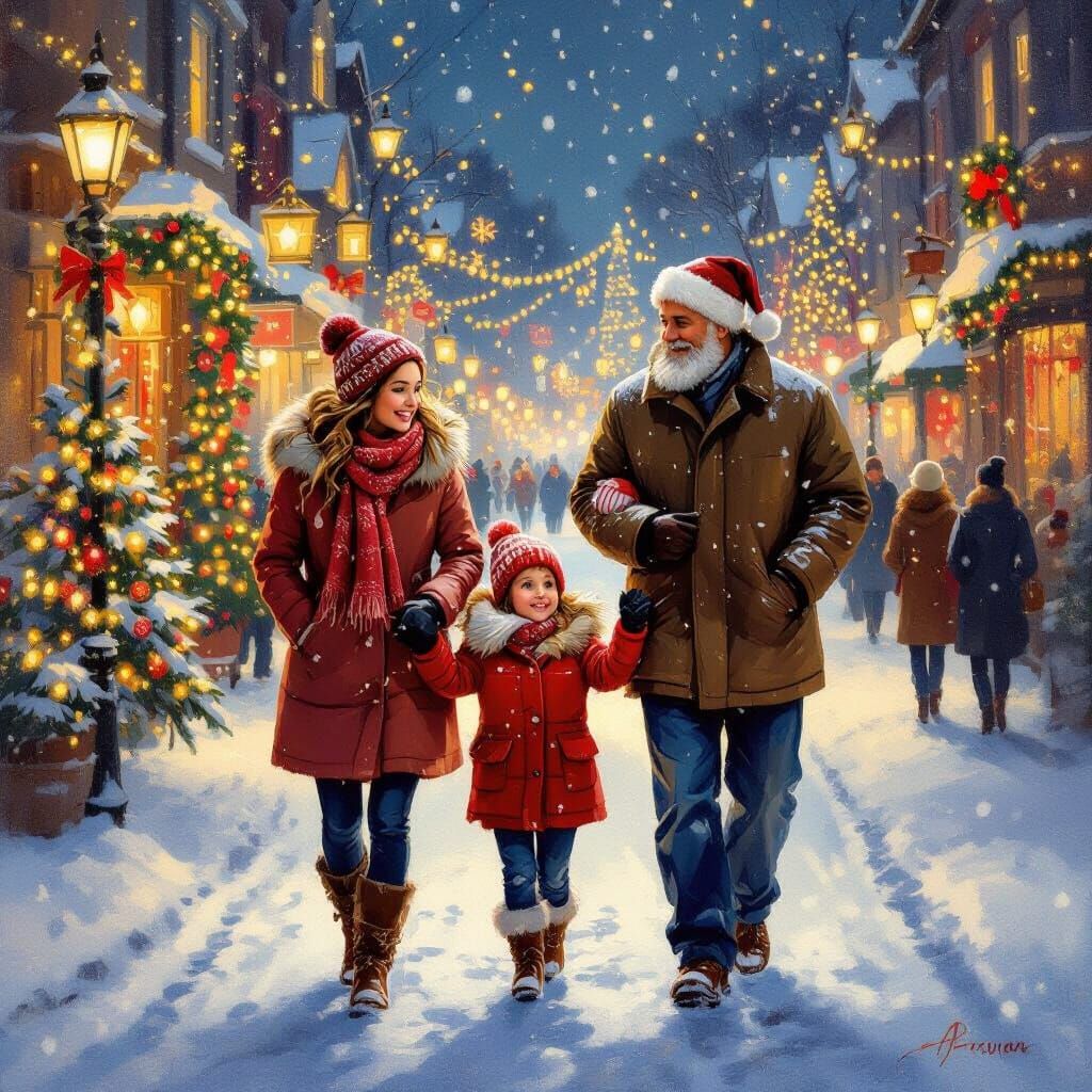 Family Stroll on Christmas Evening in Oil Painting Style