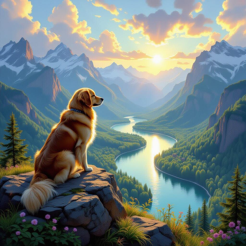 Golden Retriever Surveys Lush Utopia From Mountain Peak